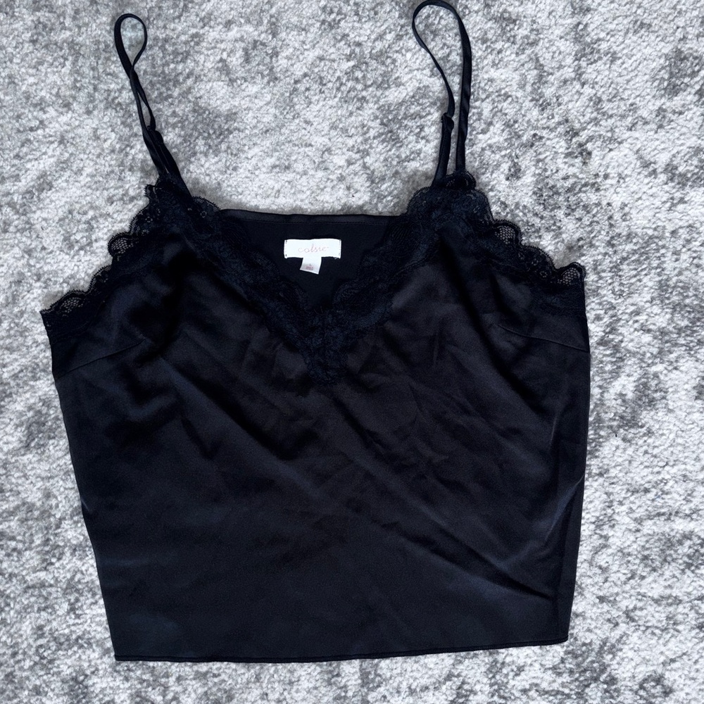 NWT Colsie Satin Lace Trim Cami and Shorts Sleep Set Black Size: Large - Picture 4 of 5
